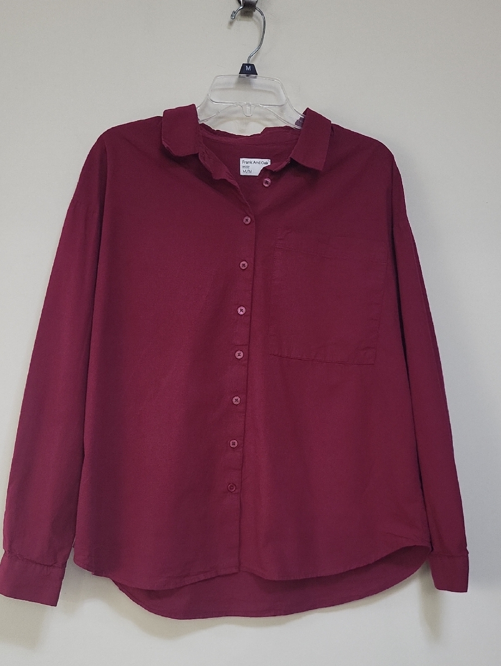 FRANK AND OAK Burgandy Red Cotton Kapok Large Chest Pocket Button Down Blouse
